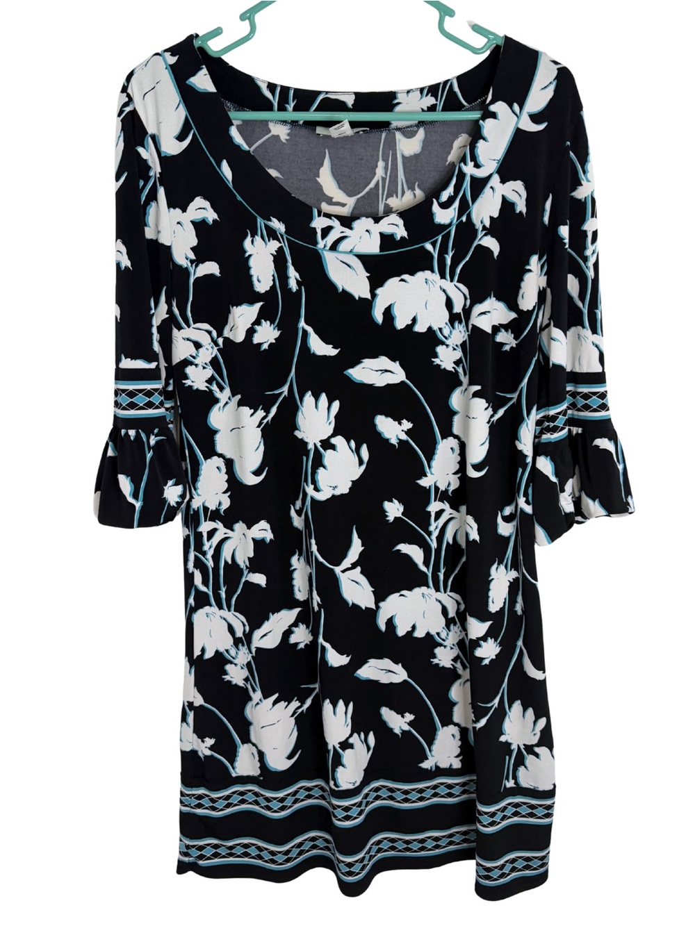 LOFT Black Floral Scoop Neck 3/4 Sleeve Knee Length Dress Size 8